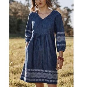J Jill Denim Dress Womens XL Chambray Knee Length Embroidered 3/4 Sleeve Pockets